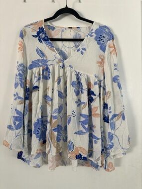 Free People White Tunic with Blue & Peach Floral Print